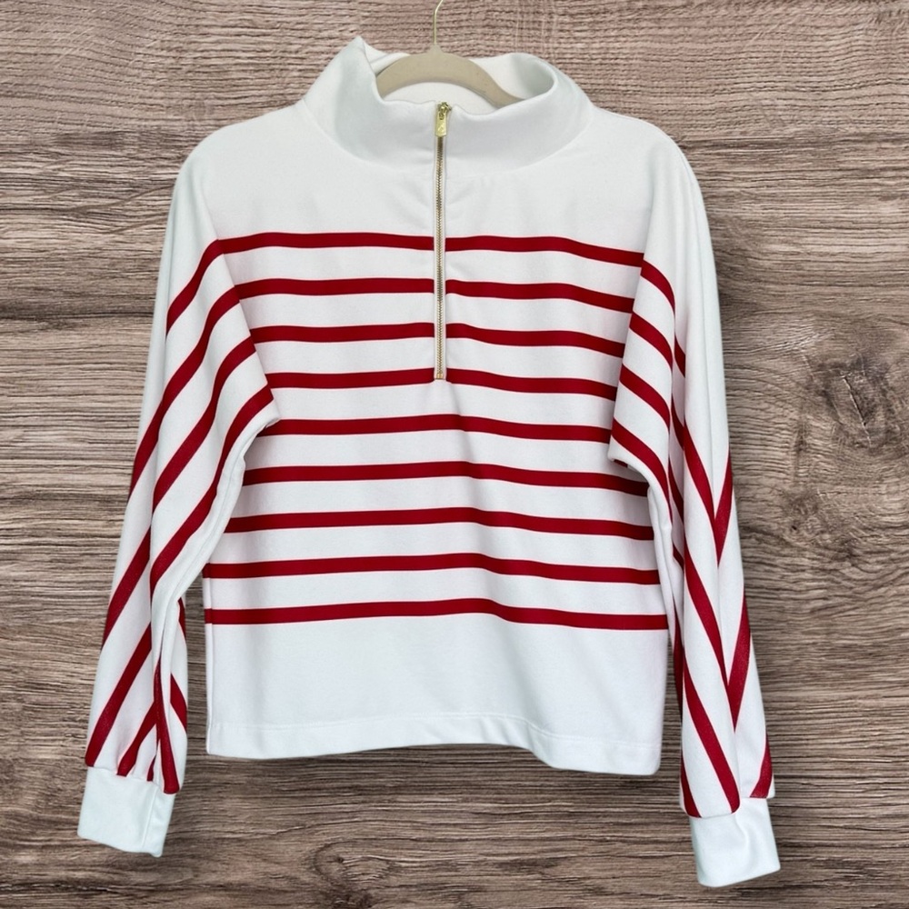 831 Dudley Stephens Marion Zip Pullover White Red Stripe Terry Fleece Small